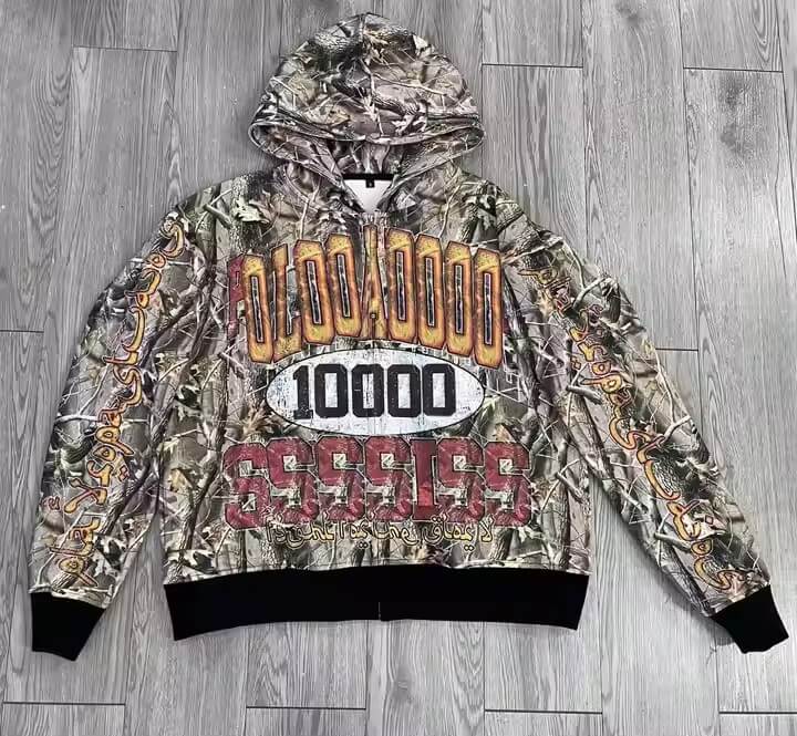 Wholesale Custom Print Camouflage Flared Sweatpants and Hoodie Sets Distressed Zip up Heavyweight Streetwear Camo Sweatsuit Men