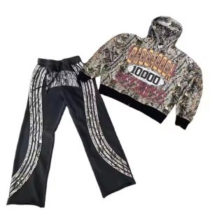Wholesale Custom Print Camouflage Flared Sweatpants and Hoodie Sets Distressed Zip up Heavyweight Streetwear Camo Sweatsuit Men