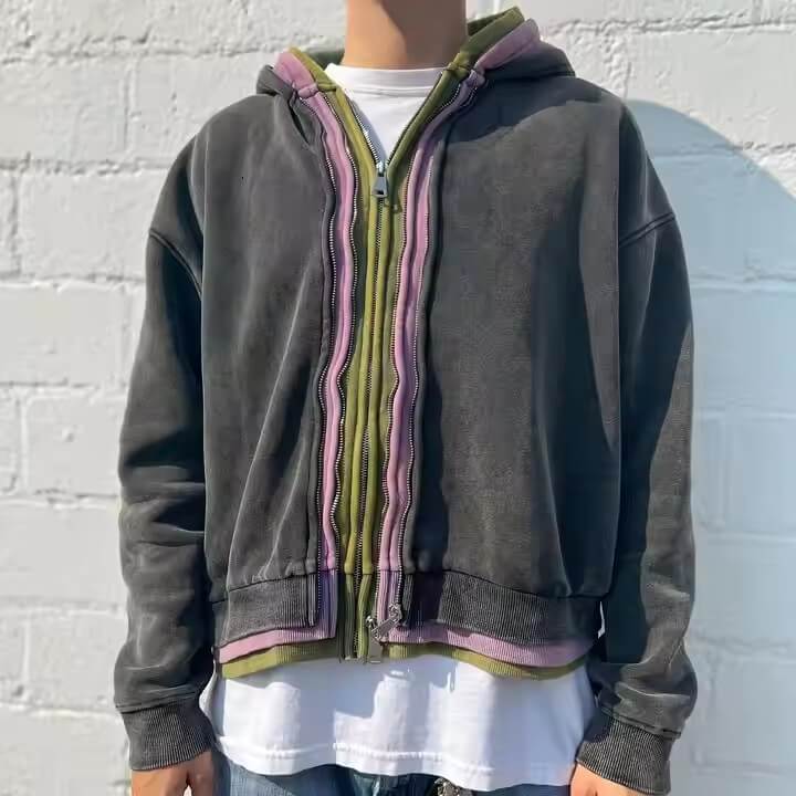 Custom Men'S Hooded Sweatshirts Vintage Heavyweight Hoodie 450 500 Gsm Cotton Double Zipper Acid Wash Triple Layer Zip up Hoodie