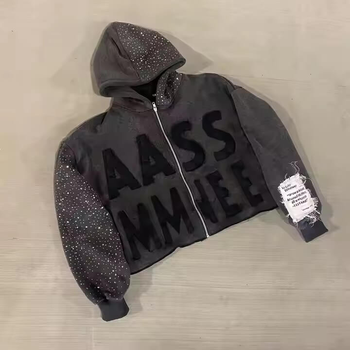 Custom Vintage French Terry Acid Wash Zip up Hoodie Distressed Y2k Cotton Embroidery Rhinestone Cropped Raw Hem Hoodies for Men
