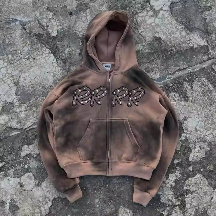Heavyweight Hoodie Manufacture 450gsm Boxy Distressed Acid Washed Oversized Rhinestone Hoodie Customized Zip up Men'S Hoodies