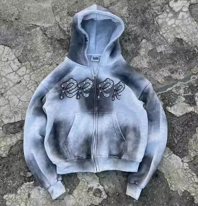 Heavyweight Hoodie Manufacture 450gsm Boxy Distressed Acid Washed Oversized Rhinestone Hoodie Customized Zip up Men'S Hoodies