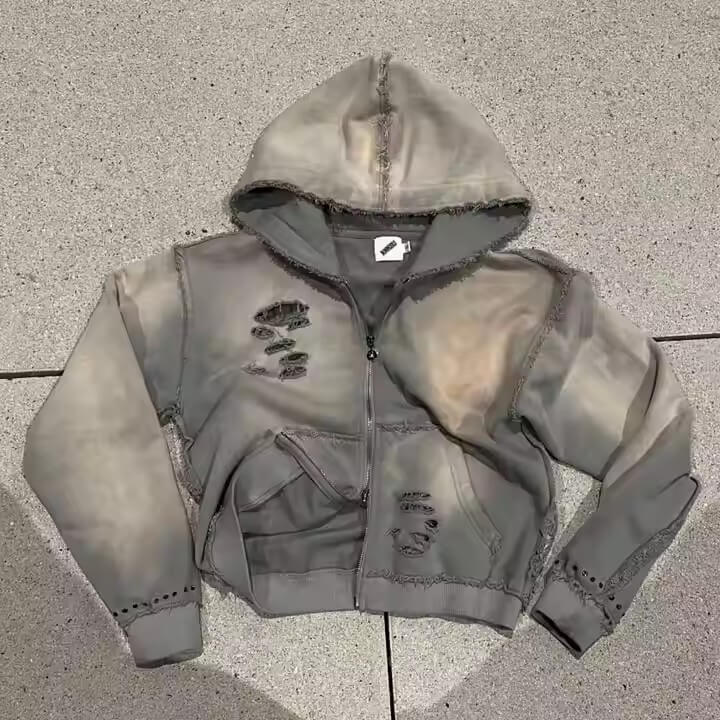2025 Hot Sale Oversized Cropped Heavyweight Distressed Blank Zip up Hoodie Custom High Quality 450 500 Gsm Acid Wash Hoodie Men