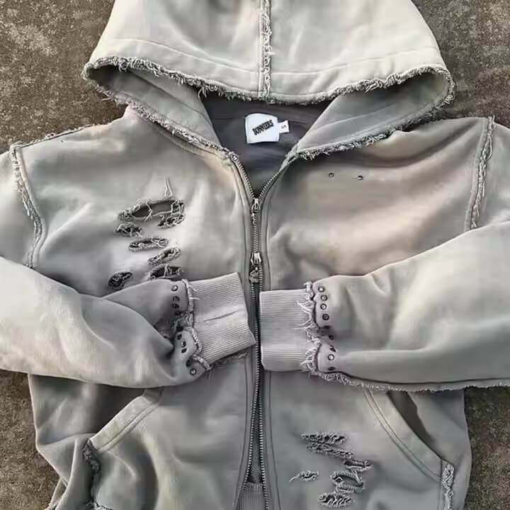 2025 Hot Sale Oversized Cropped Heavyweight Distressed Blank Zip up Hoodie Custom High Quality 450 500 Gsm Acid Wash Hoodie Men