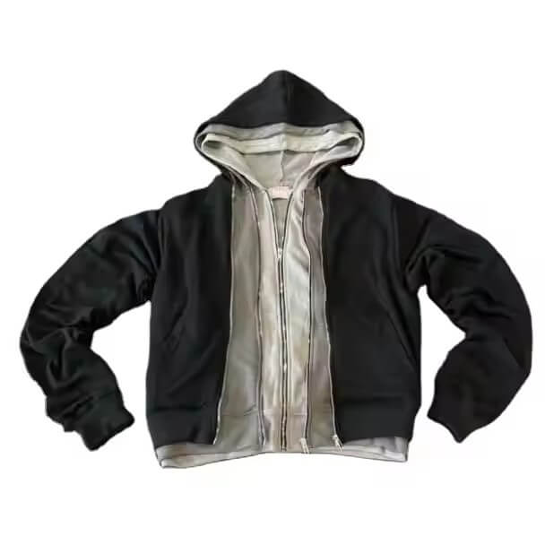 Custom Y2k Blank Distressed Triple Layer Zip up Hoodie Men Streetwear High Quality Cotton Acid Wash Cropped Heavyweight Hoodie