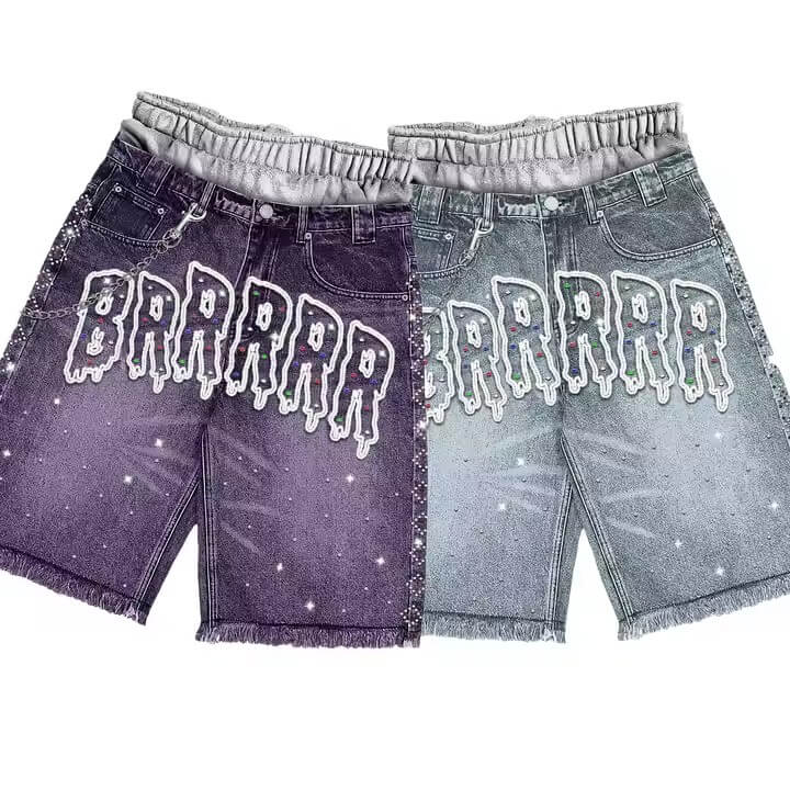Custom Streetwear Cropped Rhinestone Embroidery Double Layer Waist Designer Cotton Denim Flared Jorts Jeans Shorts Men