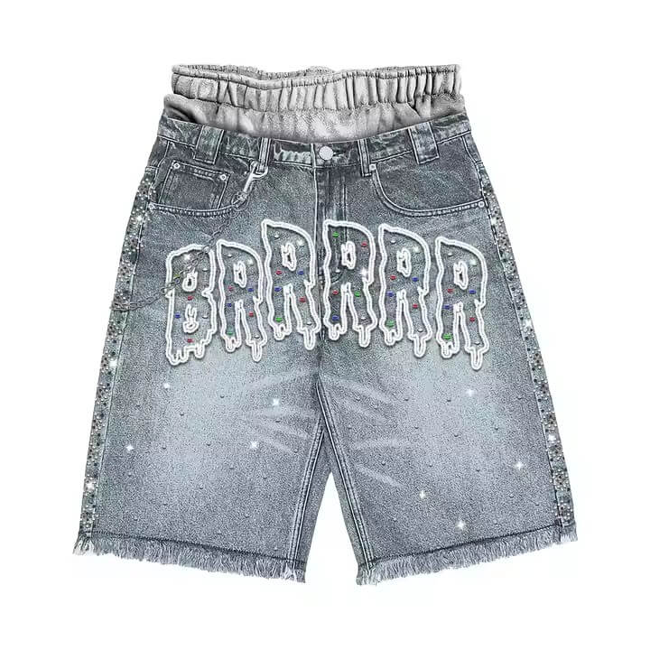 Custom Streetwear Cropped Rhinestone Embroidery Double Layer Waist Designer Cotton Denim Flared Jorts Jeans Shorts Men