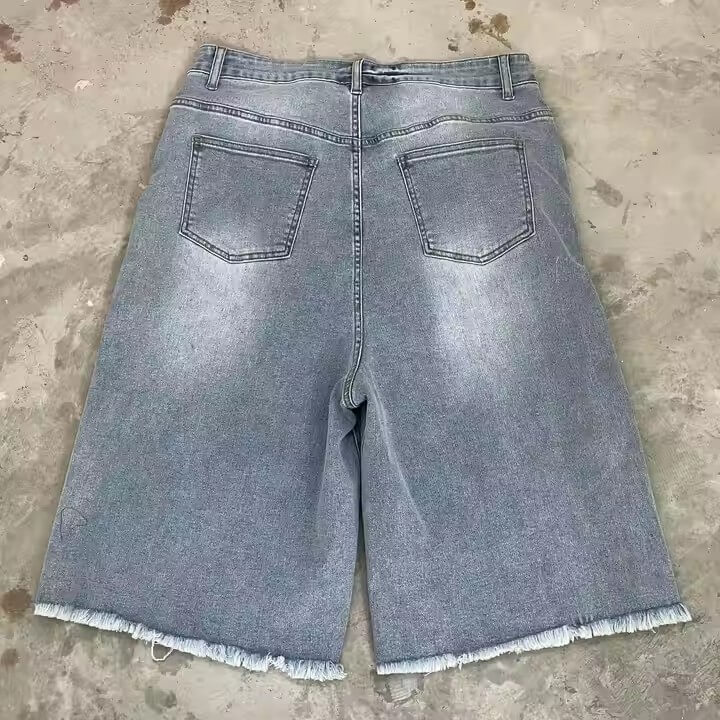 Manufacturer Streetwear Acid Washed Rhinestone Baggy Running Shorts Men Custom Hems Jorts Denim Jeans Knee Cargo Shorts