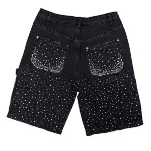 Clothing Manufacturers Custom Y2k Streetwear Acid Wash Rhinestone Shorts Double Knee Distressed Denim Jeans Jorts Shorts for Men