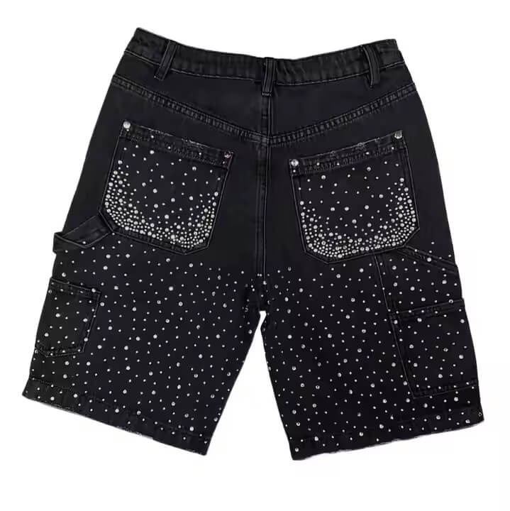 Clothing Manufacturers Custom Y2k Streetwear Acid Wash Rhinestone Shorts Double Knee Distressed Denim Jeans Jorts Shorts for Men