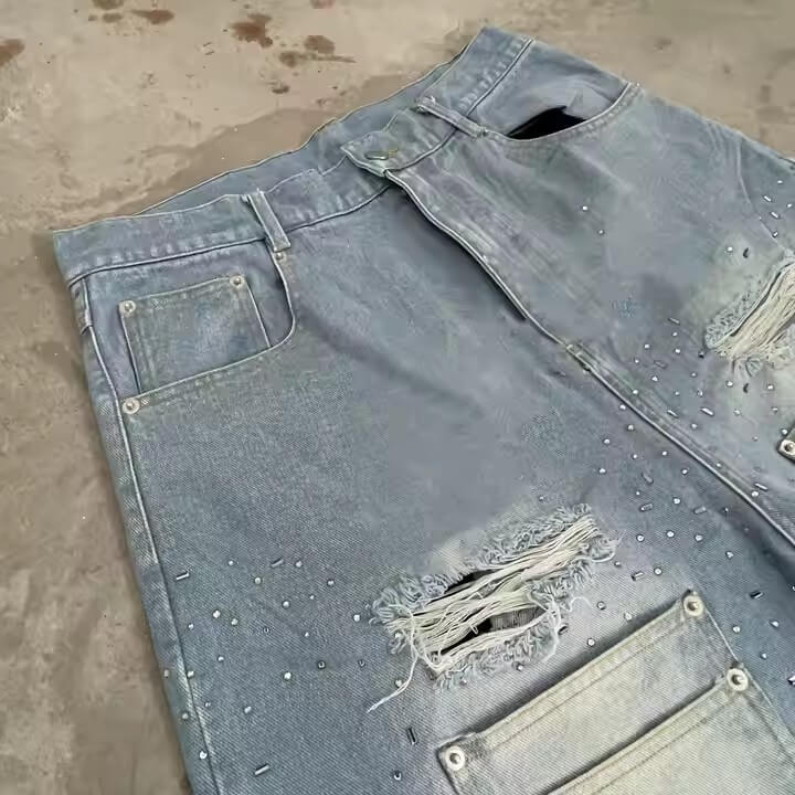 Manufacturer High Quality Rhinestone Cropped Baggy Streetwear Shorts Custom Acid Wash Jorts Designer Denim Jeans Pants Shorts
