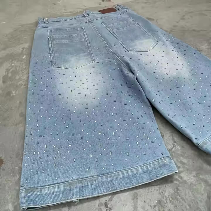 Manufacturer High Quality Rhinestone Cropped Baggy Streetwear Shorts Custom Acid Wash Jorts Designer Denim Jeans Pants Shorts