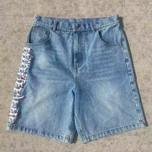 Wholesale Factory Custom Vintage Summer Rhinestone Jeans Shorts Manufacturer Baggy Jorts Printed Acid Wash Denim Shorts Men