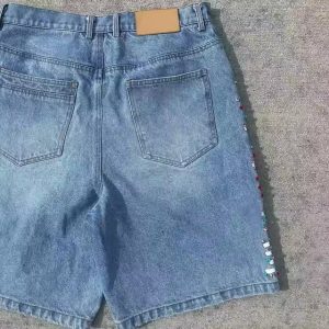 Wholesale Factory Custom Vintage Summer Rhinestone Jeans Shorts Manufacturer Baggy Jorts Printed Acid Wash Denim Shorts Men