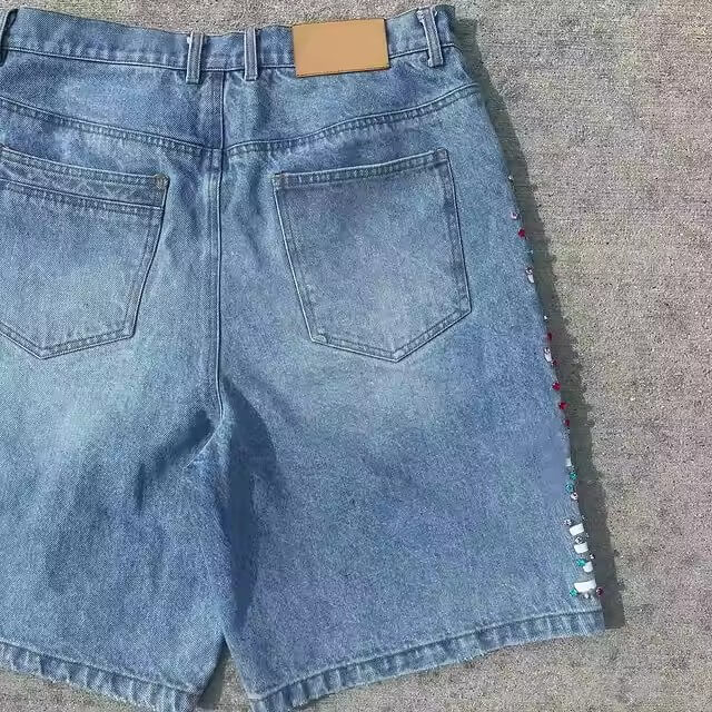 Wholesale Factory Custom Vintage Summer Rhinestone Jeans Shorts Manufacturer Baggy Jorts Printed Acid Wash Denim Shorts Men
