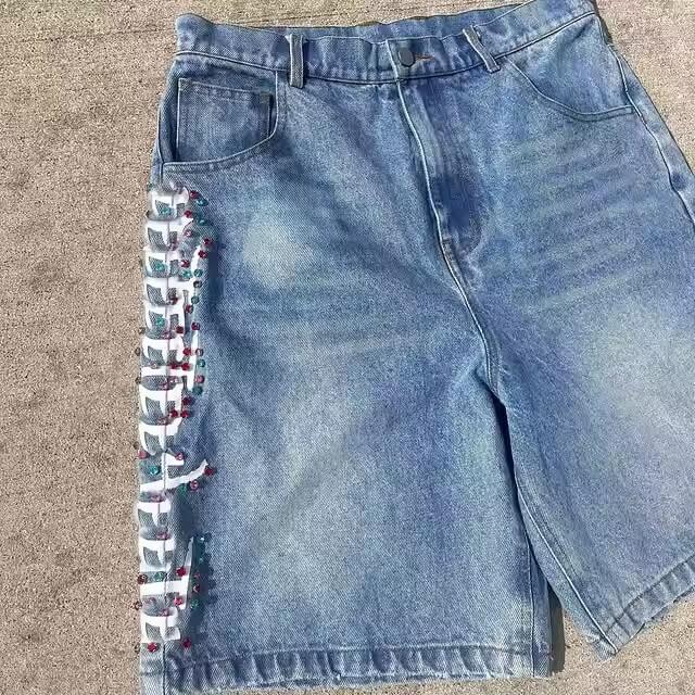 Wholesale Factory Custom Vintage Summer Rhinestone Jeans Shorts Manufacturer Baggy Jorts Printed Acid Wash Denim Shorts Men