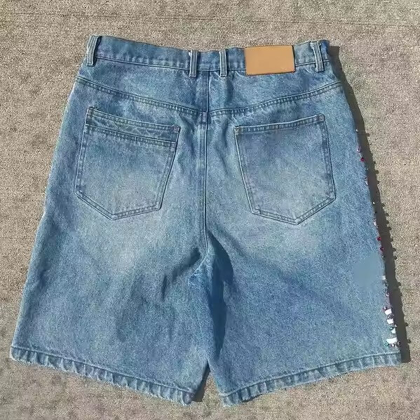 Wholesale Factory Custom Vintage Summer Rhinestone Jeans Shorts Manufacturer Baggy Jorts Printed Acid Wash Denim Shorts Men