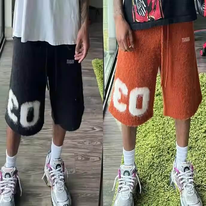 Hot Sale Wholesale Mohair Men'S Pants Custom Unisex Plus Size Fluffy Drawstring Knit Stacked Flare Shorts for Men