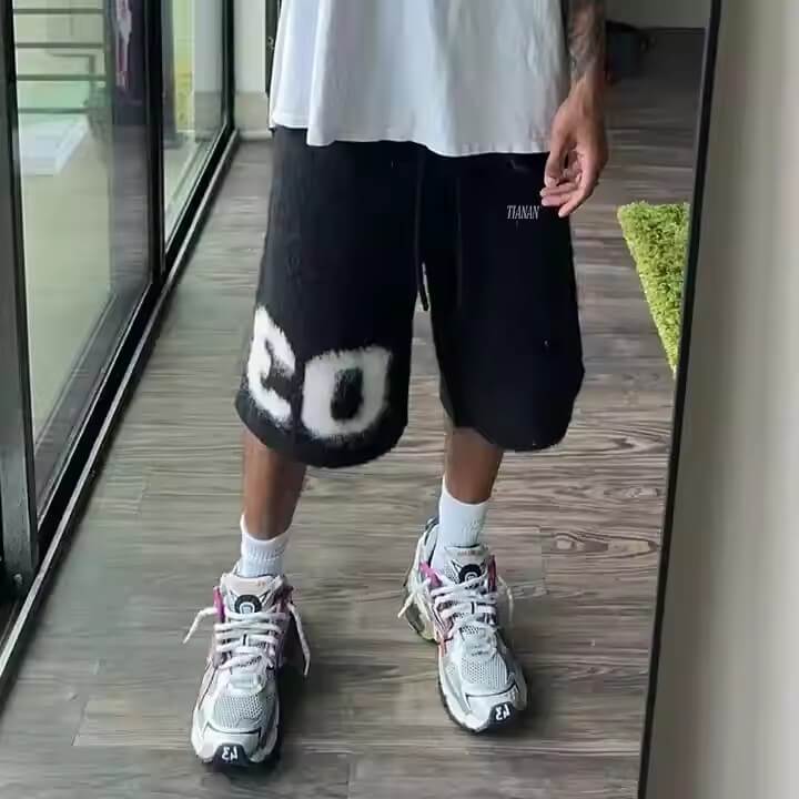 Hot Sale Wholesale Mohair Men'S Pants Custom Unisex Plus Size Fluffy Drawstring Knit Stacked Flare Shorts for Men