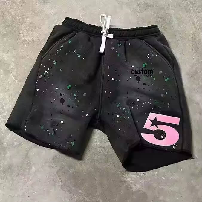 Wholesale Custom Puff Print Sweat Shorts Men French Terry Cotton Drawstring Vintage Paint Splatter Acid Wash Shorts Unisex