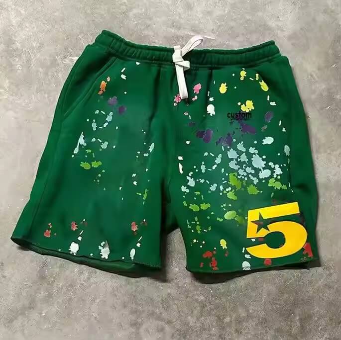 Wholesale Custom Puff Print Sweat Shorts Men French Terry Cotton Drawstring Vintage Paint Splatter Acid Wash Shorts Unisex