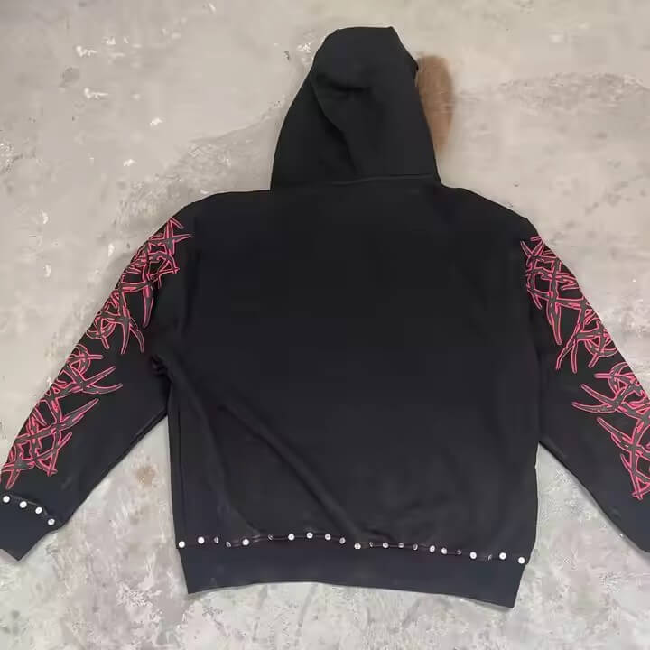 High Quality Rivets Cotton Puff Print Diamond Distressed Zip up Hoodie Custom Detachable Faux Fur Oversized Heavyweight Hoodie