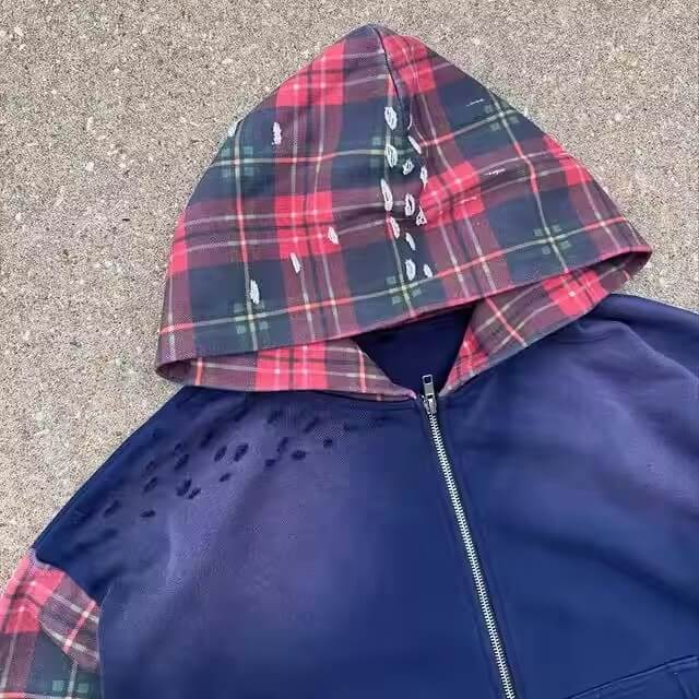 Manufacturer Custom Oversized Cropped Heavyweight Men Streetwear Distressed Zip up Acid Wash Plaid High Quality Men's Hoodie