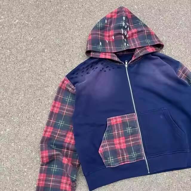 Manufacturer Custom Oversized Cropped Heavyweight Men Streetwear Distressed Zip up Acid Wash Plaid High Quality Men's Hoodie