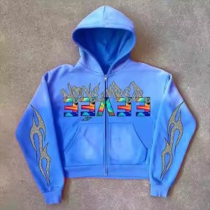 Heavyweight Vintage Acid Wash Cotton Men Hoodie Custom Rhinestone Printed Pattern Streetwear 450 Gsm Distressed Zip up Hoodie