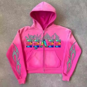 Heavyweight Vintage Acid Wash Cotton Men Hoodie Custom Rhinestone Printed Pattern Streetwear 450 Gsm Distressed Zip up Hoodie