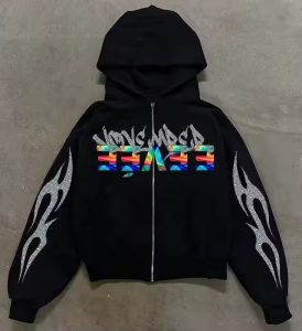 Heavyweight Vintage Acid Wash Cotton Men Hoodie Custom Rhinestone Printed Pattern Streetwear 450 Gsm Distressed Zip up Hoodie