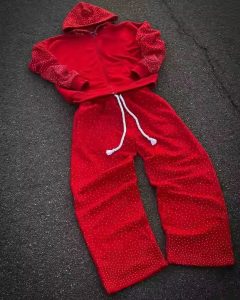 Heavyweight All Print Rhinestone Sweatsuit Custom Streetwear Trackusit Acid Wash Flared Sweatpants and Hoodie Sets