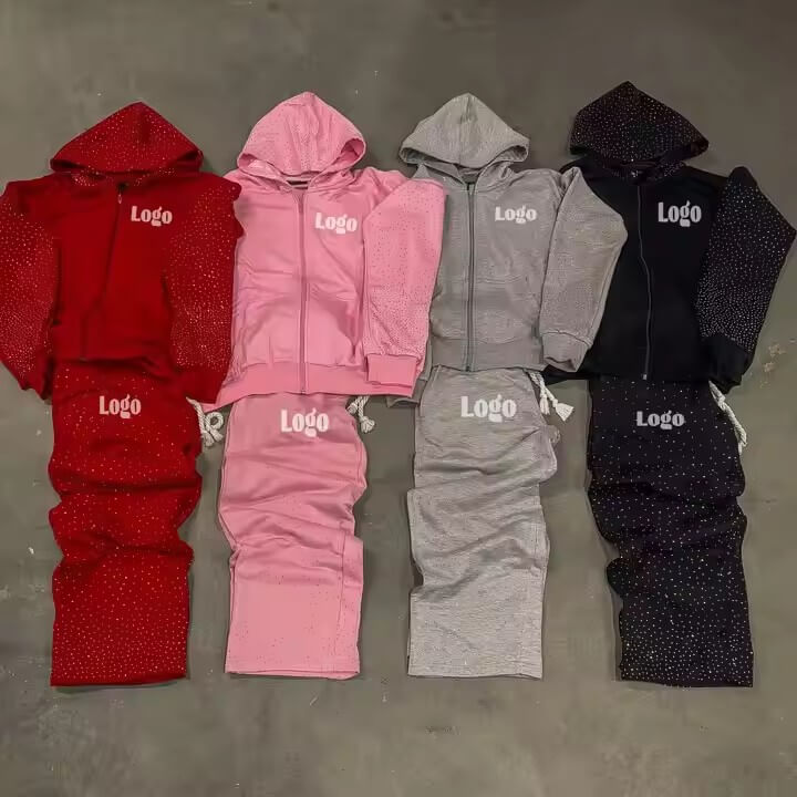 Heavyweight All Print Rhinestone Sweatsuit Custom Streetwear Trackusit Acid Wash Flared Sweatpants and Hoodie Sets