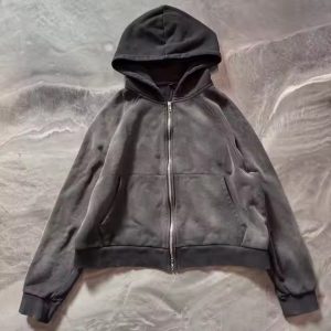 Wholesale Distressed Zip up Blank Flared Sweatpants and Hoodie Sets Custom High Quality Acid Wash Oversized Cropped Sweatsuit