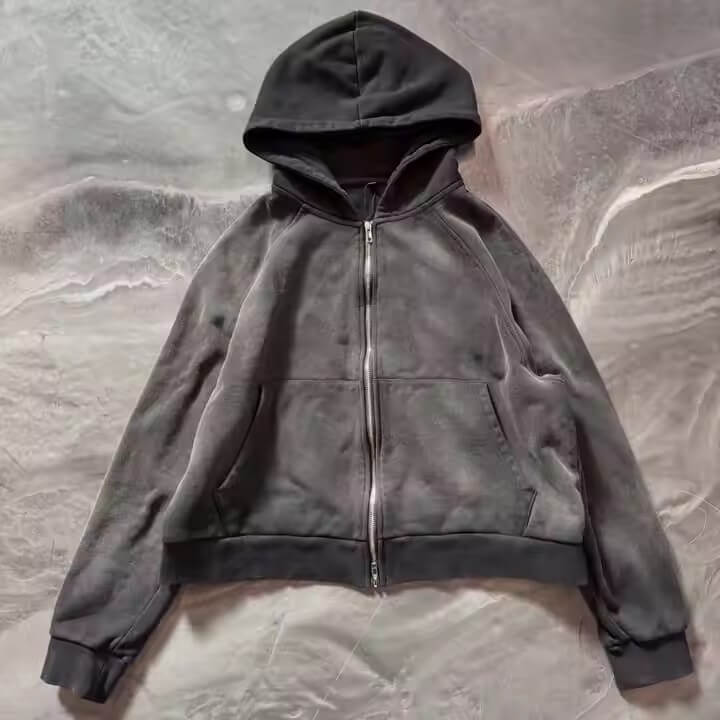 Wholesale Distressed Zip up Blank Flared Sweatpants and Hoodie Sets Custom High Quality Acid Wash Oversized Cropped Sweatsuit