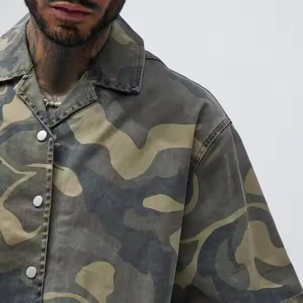 Wholesale Custom High Quality Button up Canvas Summer Men'S T Shirt Camouflage Camo Boxy Printed Short Sleeve Shirts for Men