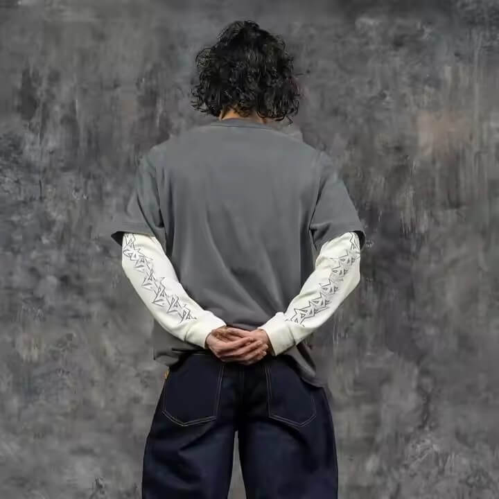 Streetwear Acid Wash Double Layered Long Sleeve T Shirt for Men Custom Cotton Oversized Waffle Tee Y2k 2025 Trending T-Shirt